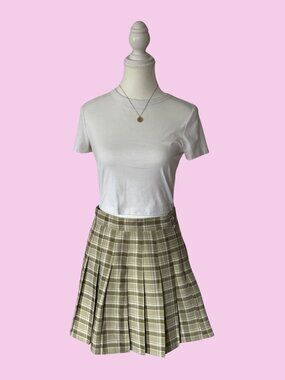 Pleated Green Plaid High Waisted Skirt.